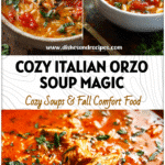 Bowl of Tomato Basil Chicken Orzo Soup with herbs served as a cozy Italian Soup on a rustic table.